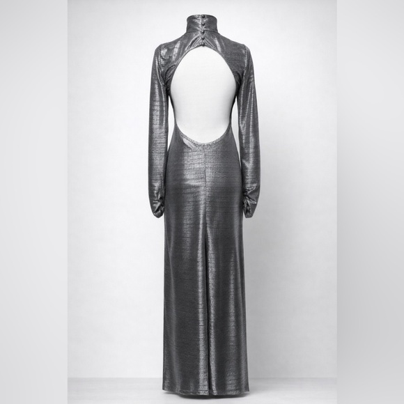 Free People Metallic Open Back Maxi Dress Silver Long Sleeve S XL - Picture 3 of 13